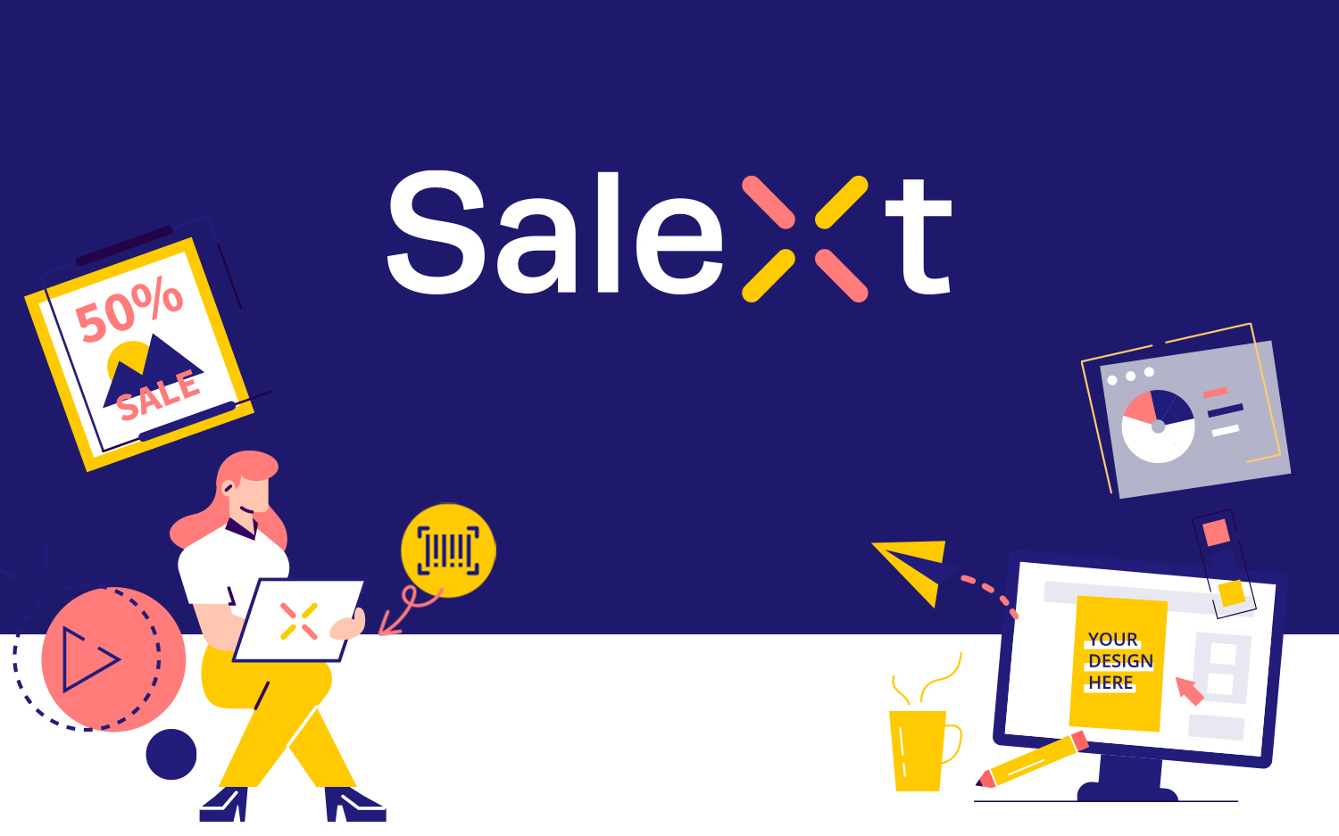 An illustrated graphic displays the Salext logo alongside stylized icons of a sale sign, a barcode, a person holding a design, and a computer monitor showing a design template